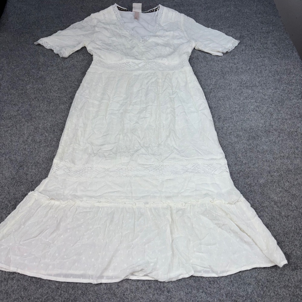 Knox Rose Maxi Dress Womens Small White Swiss Dot Lace Boho Short Sleeve V Neck